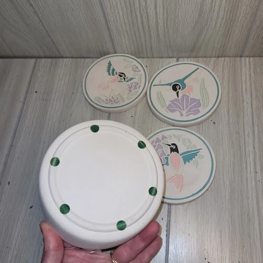 Vtg Southwestern Hummingbird Ceramic Coaster Set Of 4 NWOT Coastal Boho